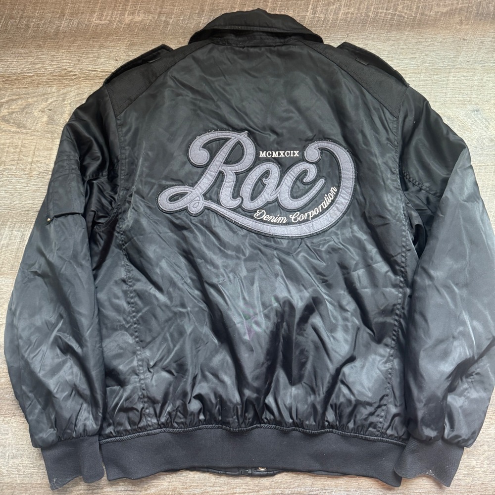 Rocawear Vintage Jacket Mens L Black Leather Bomber Quilt Lined Streetwear Y2K
